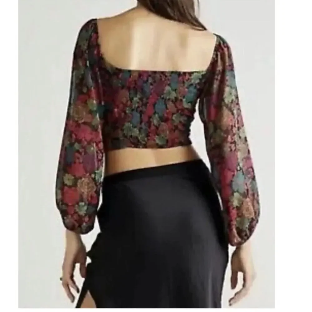 Free People Oh Layla Floral Cropped Blouse With Front Ruching Sheer Sleeves